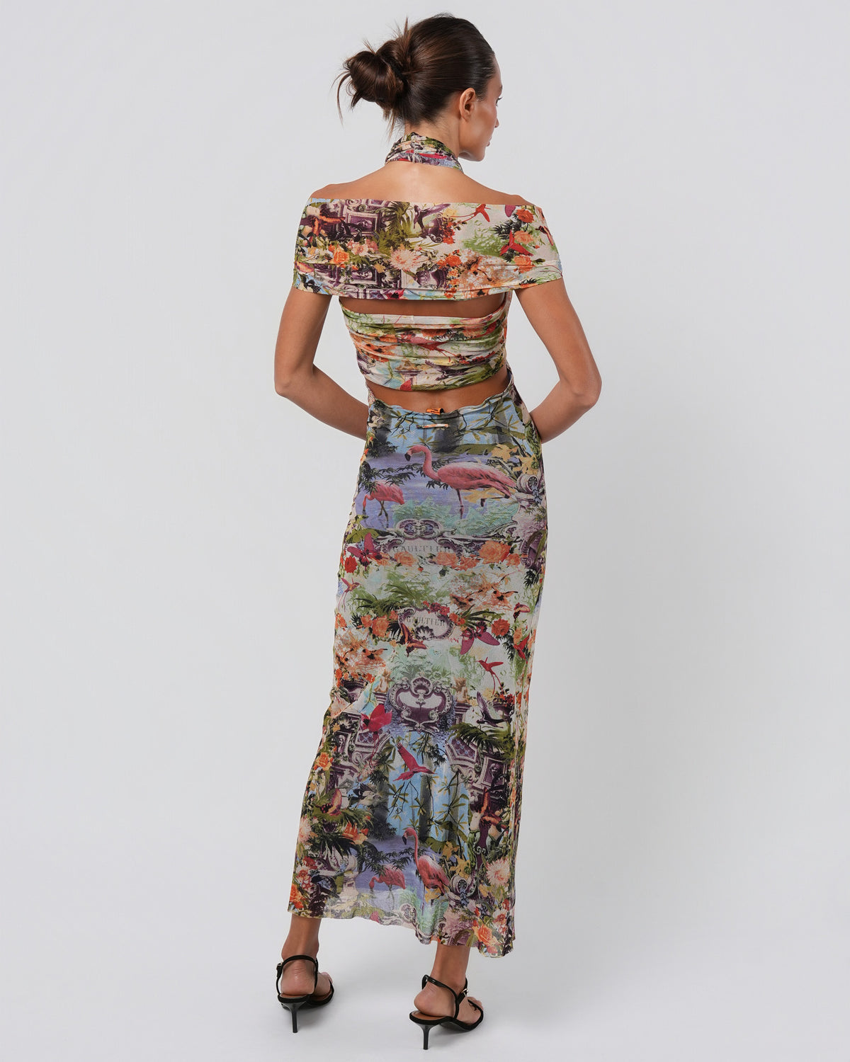SS 1999 Tropical Print Mesh Cut-Out Gown