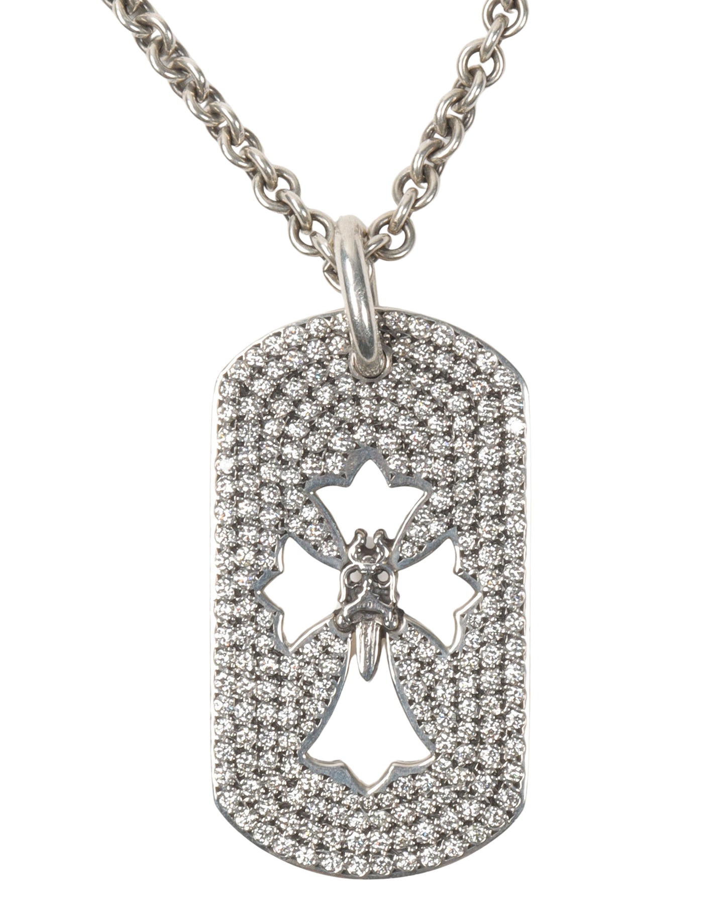 Silver & Diamond Cross Dog Tag Pendant w/ Chain