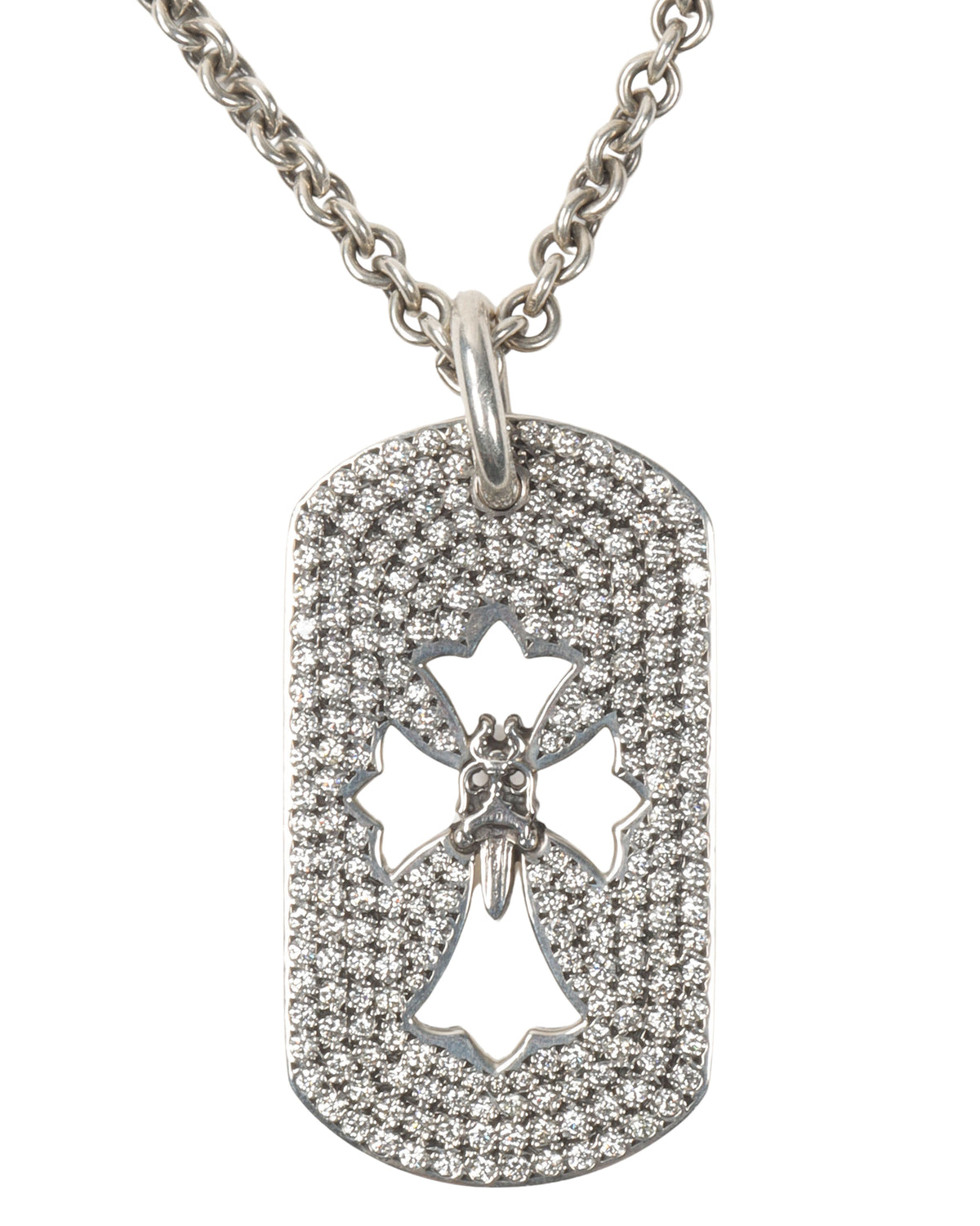 Silver & Diamond Cross Dog Tag Pendant w/ Chain