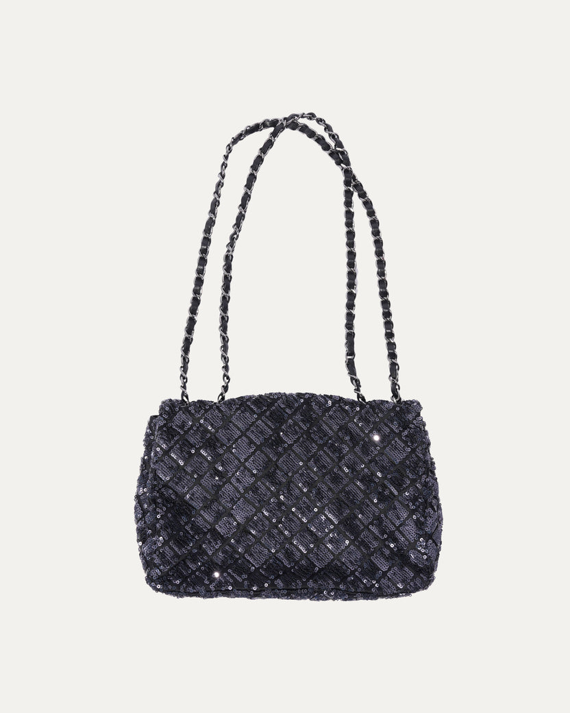 Quilted Sequin Satin Flap Bag