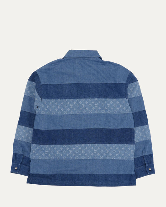 Striped Patchwork Denim Polo Shirt