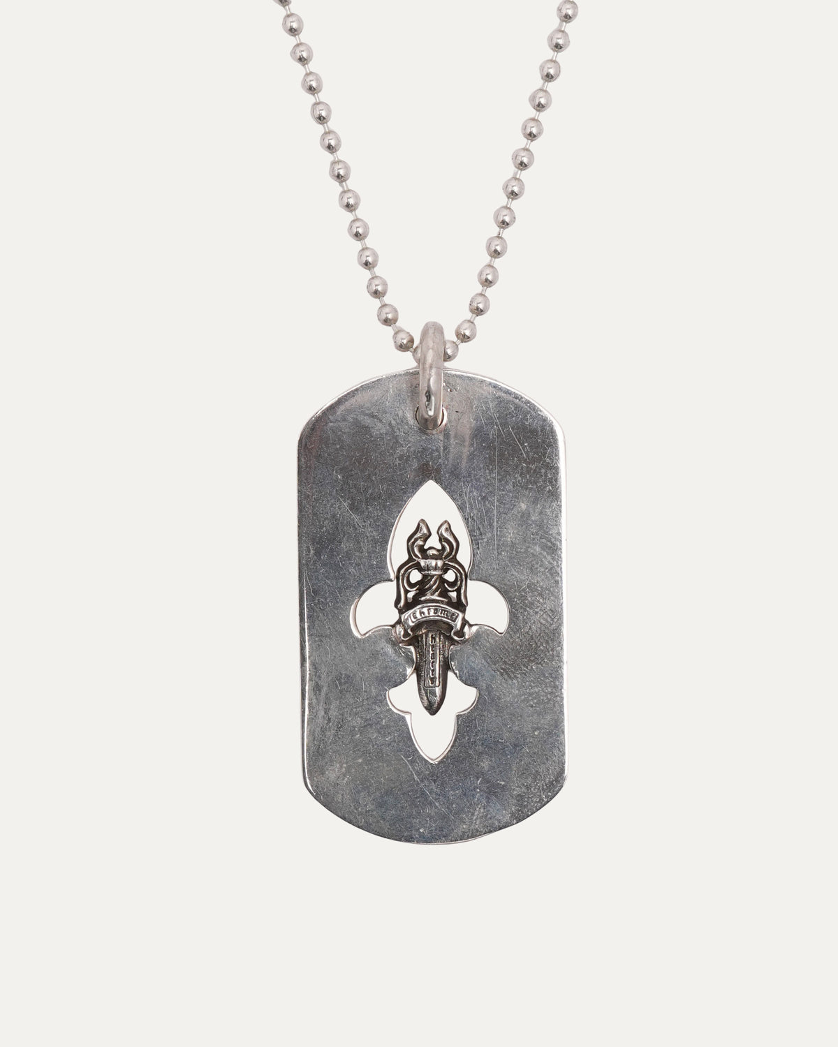 Fleur Cut Out Dagger Dog Tag Pendant on Ball Chain Necklace