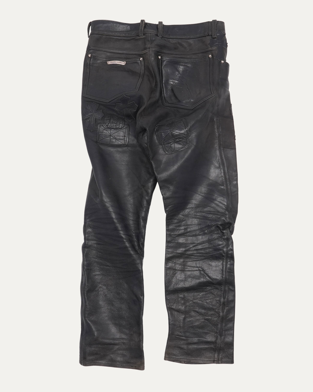 Diamond and Ruby Embellished Zipper Cross Patch Leather Fleur Knee Pants