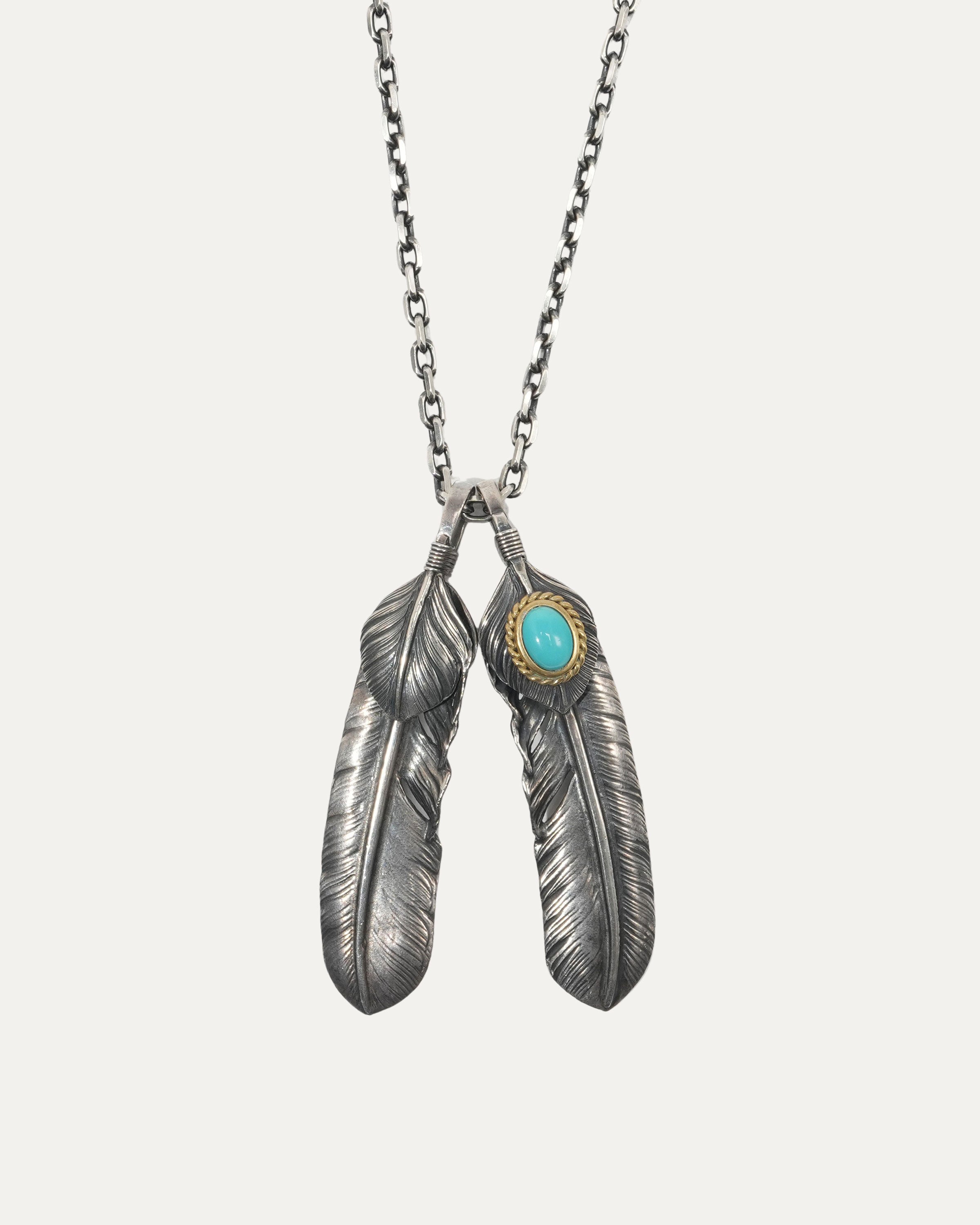 Gold Rope Turquoise Double Feather Necklace