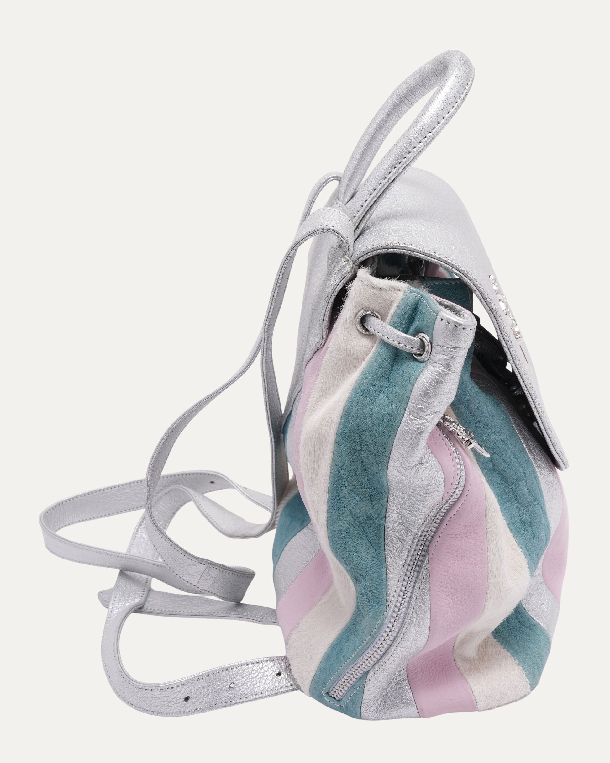blue and white striped backpack with leather strap Chrome Hearts Dagger Embellished Suede Leather Striped Iggy Backpack – Justin Reed