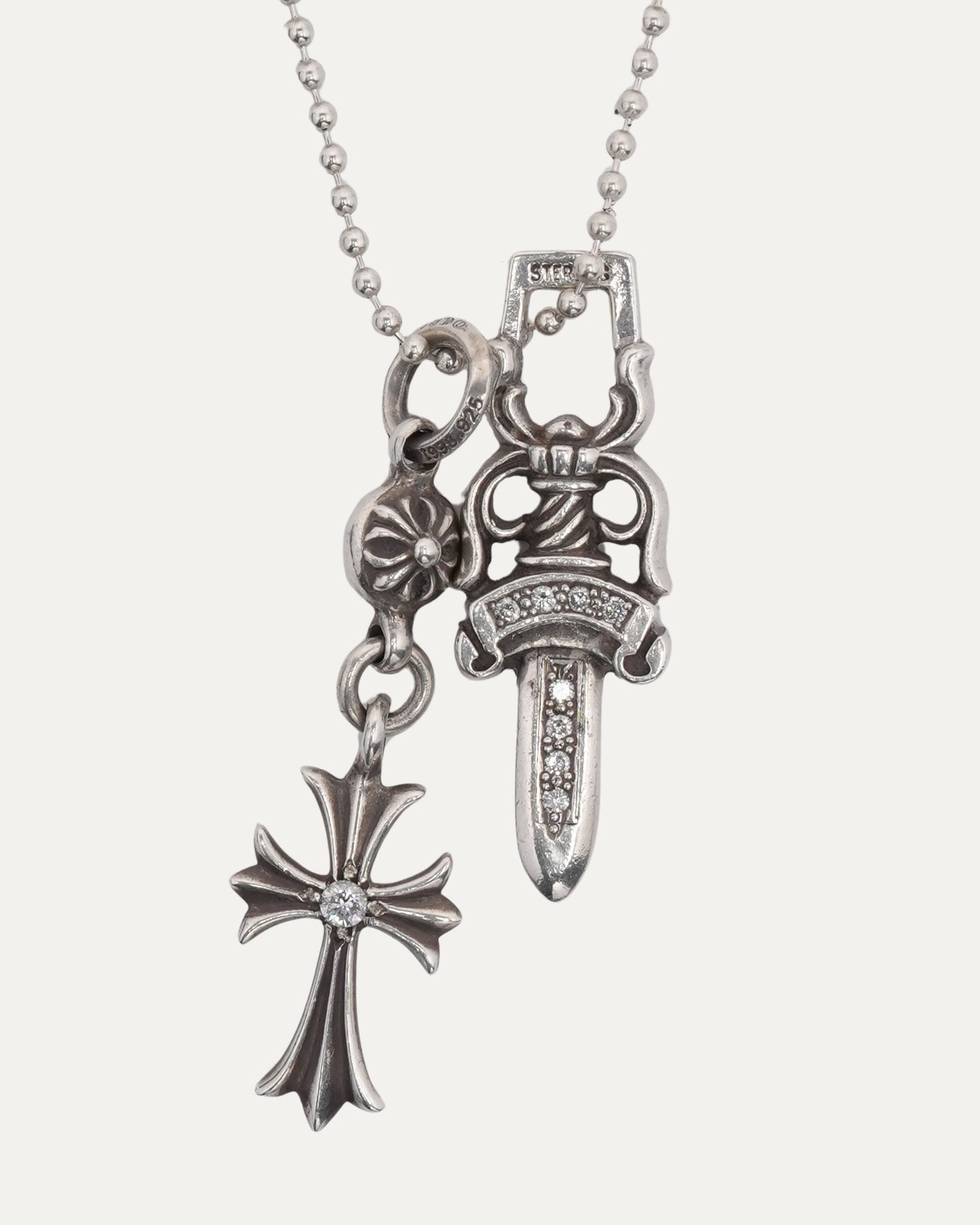 Diamond Dagger Pendant and Diamond Cross on Ball Chain Necklace