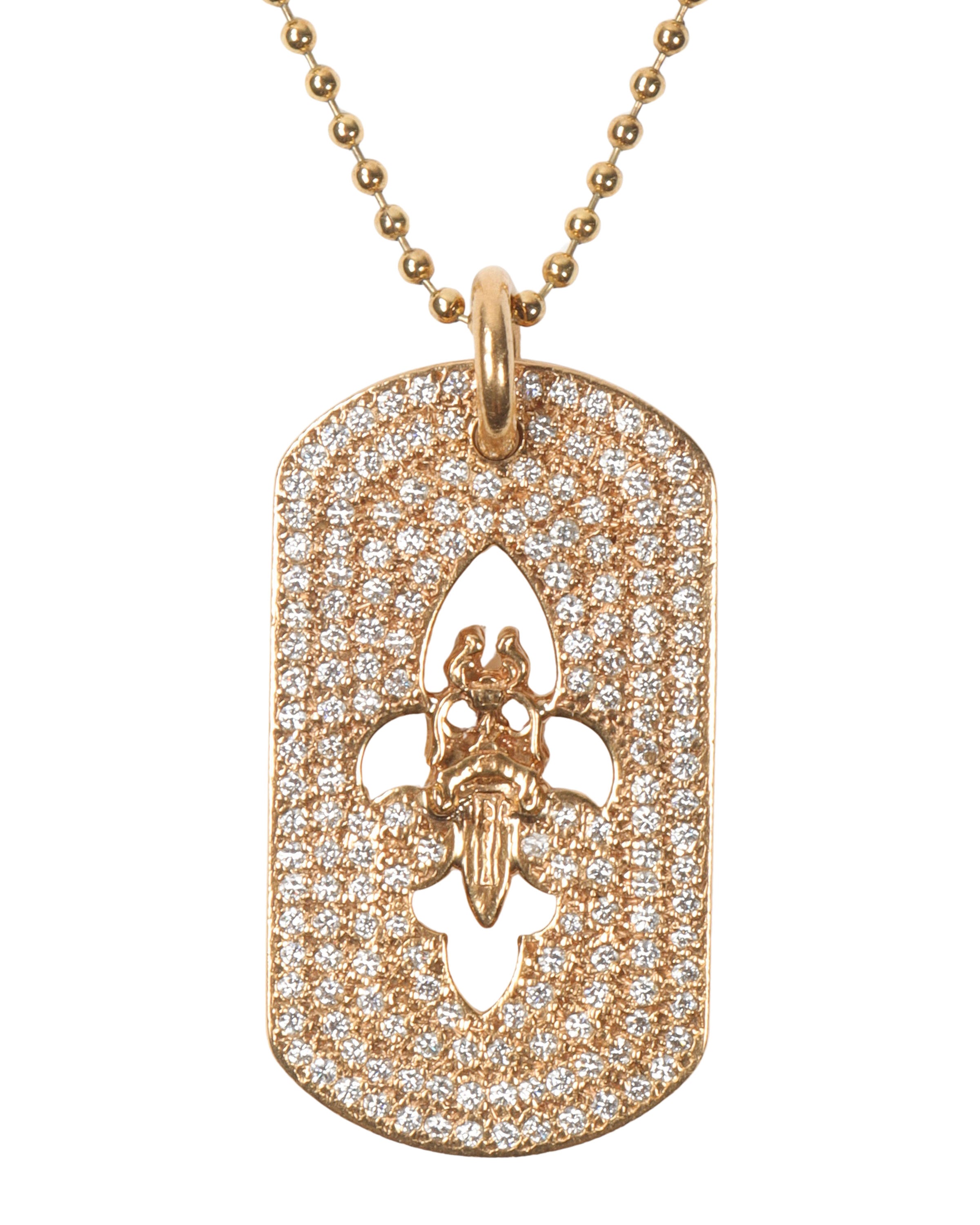22k Gold & Diamond Fleur Cross Dog Tag Pendant w/ Chain