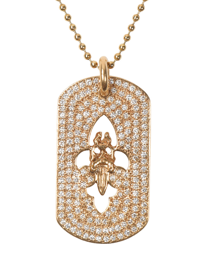 22k Gold & Diamond Fleur Cross Dog Tag Pendant w/ Chain