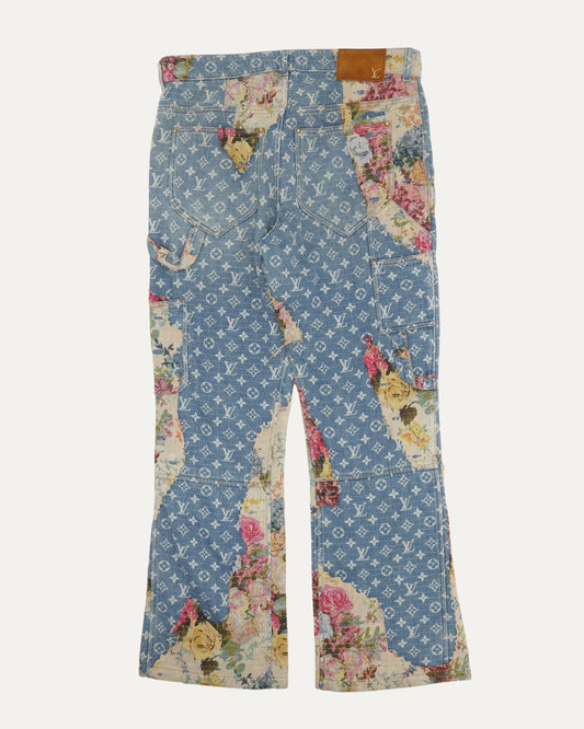 Floral Monogram Boro Double Knee Flared Jeans