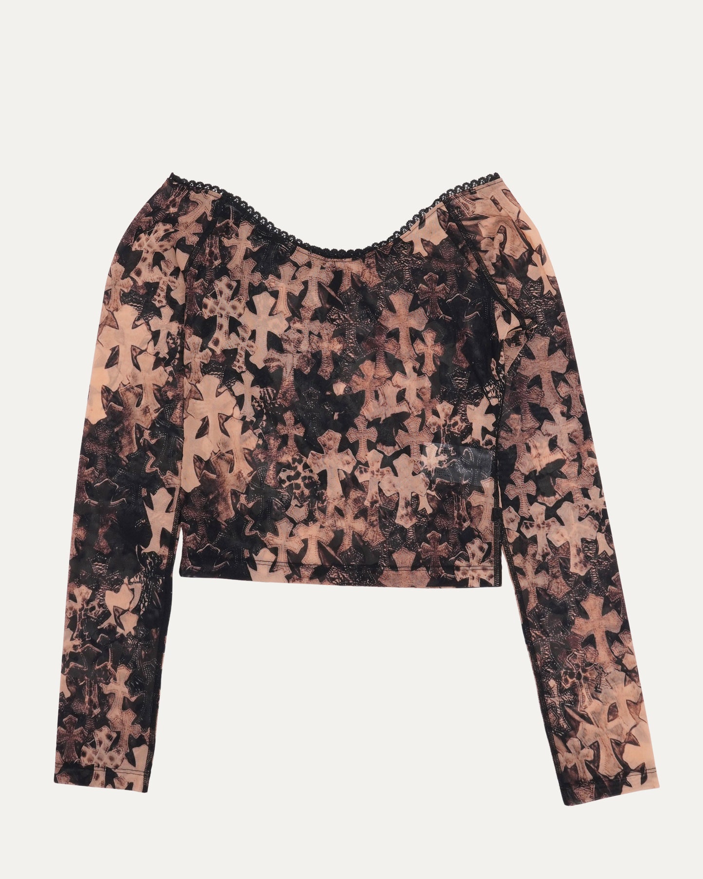 Waterfall Cross Patch Print Mesh Long Sleeve Top