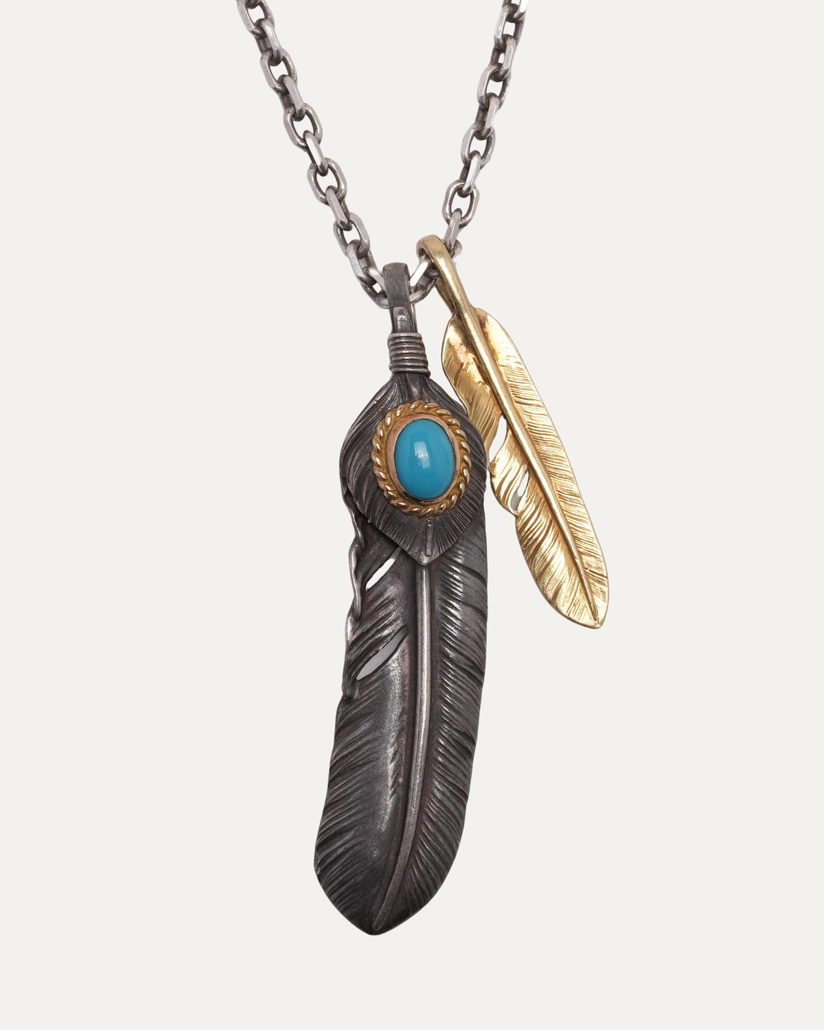 Silver and Gold Double Feather Turquoise Rope Necklace