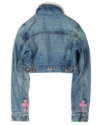 Cropped Shearling Denim Cross Patch Jacket