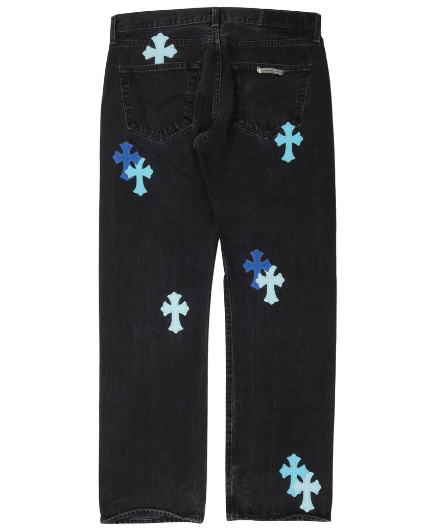 Chrome Hearts London Exclusive Jeans with Blue Leather Cross Patch