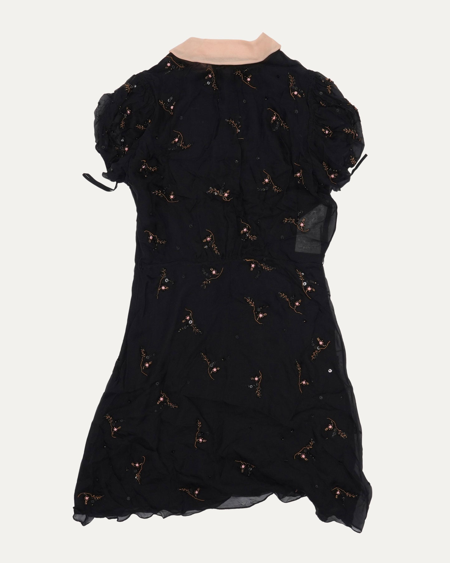 Bead Embellished Contrast Collar Silk Dress