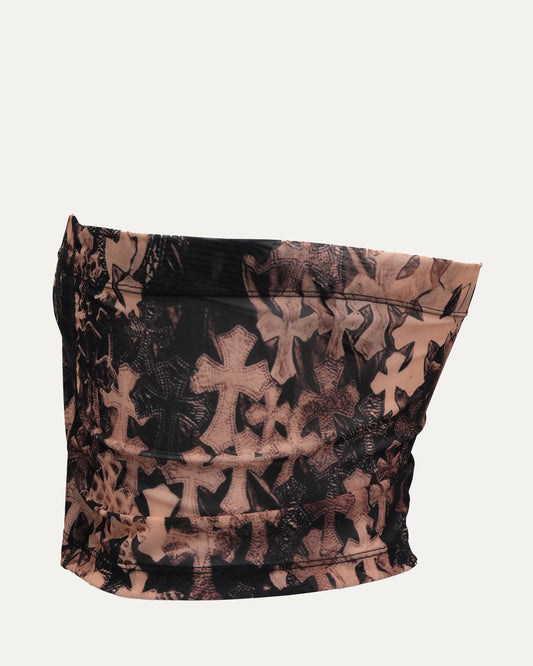 Waterfall Cross Patch Print Mesh Tube Top