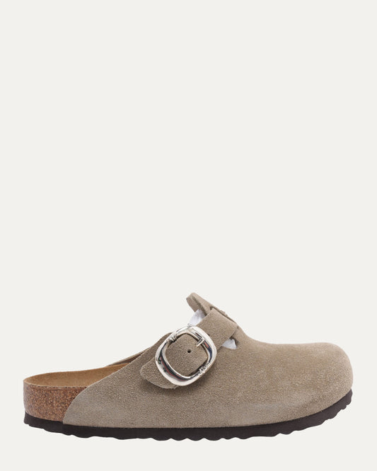 Cross Embellished Birkenstock Boston Suede Mule