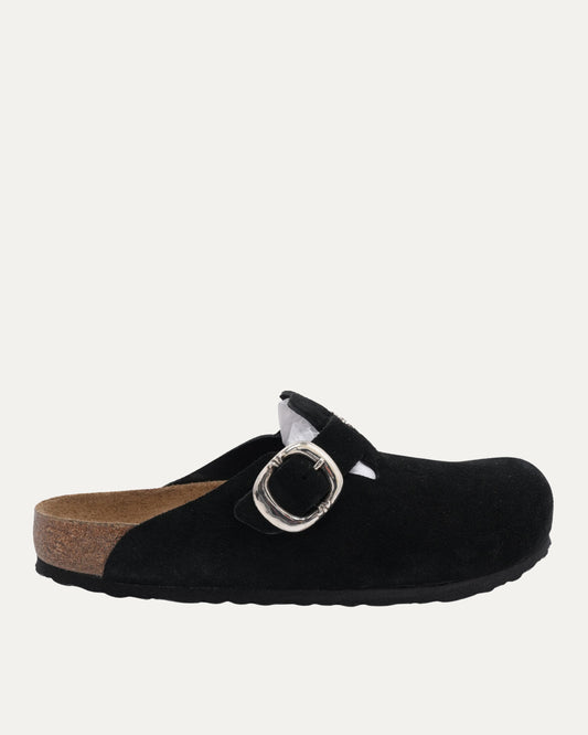 Cross Embellished Birkenstock Boston Suede Mule