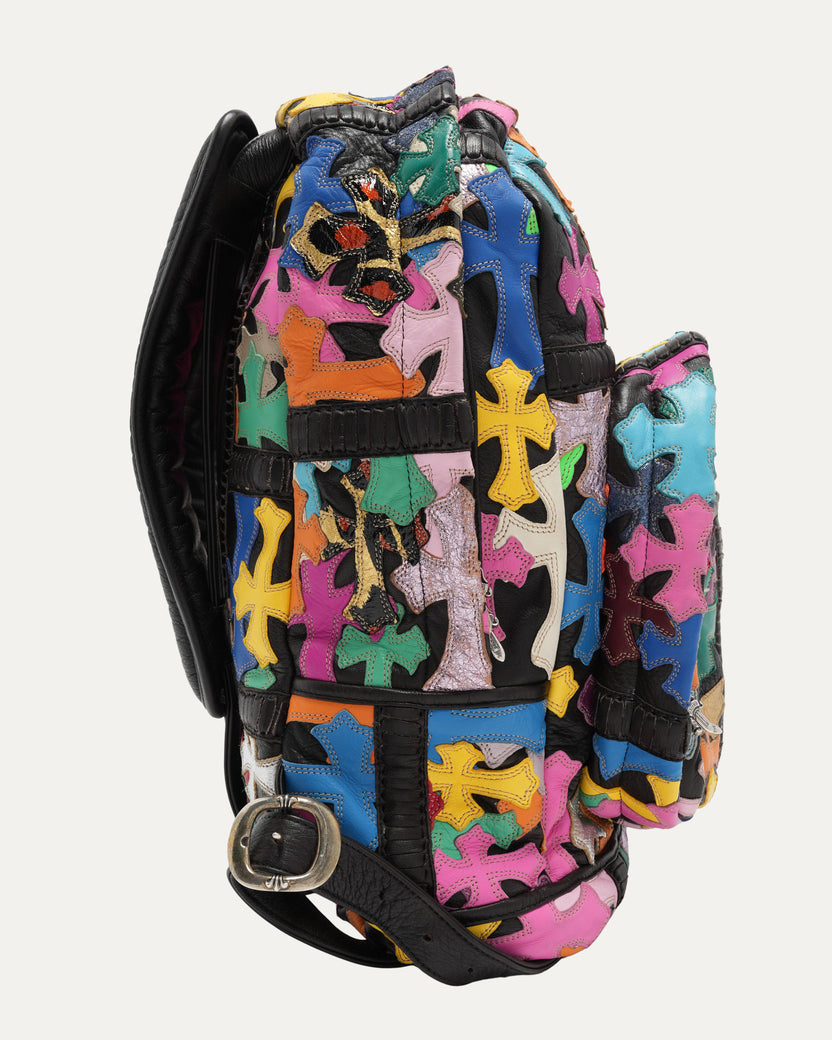 Multicolor Cross Patch Backpack with Filigree Cross Embellishment