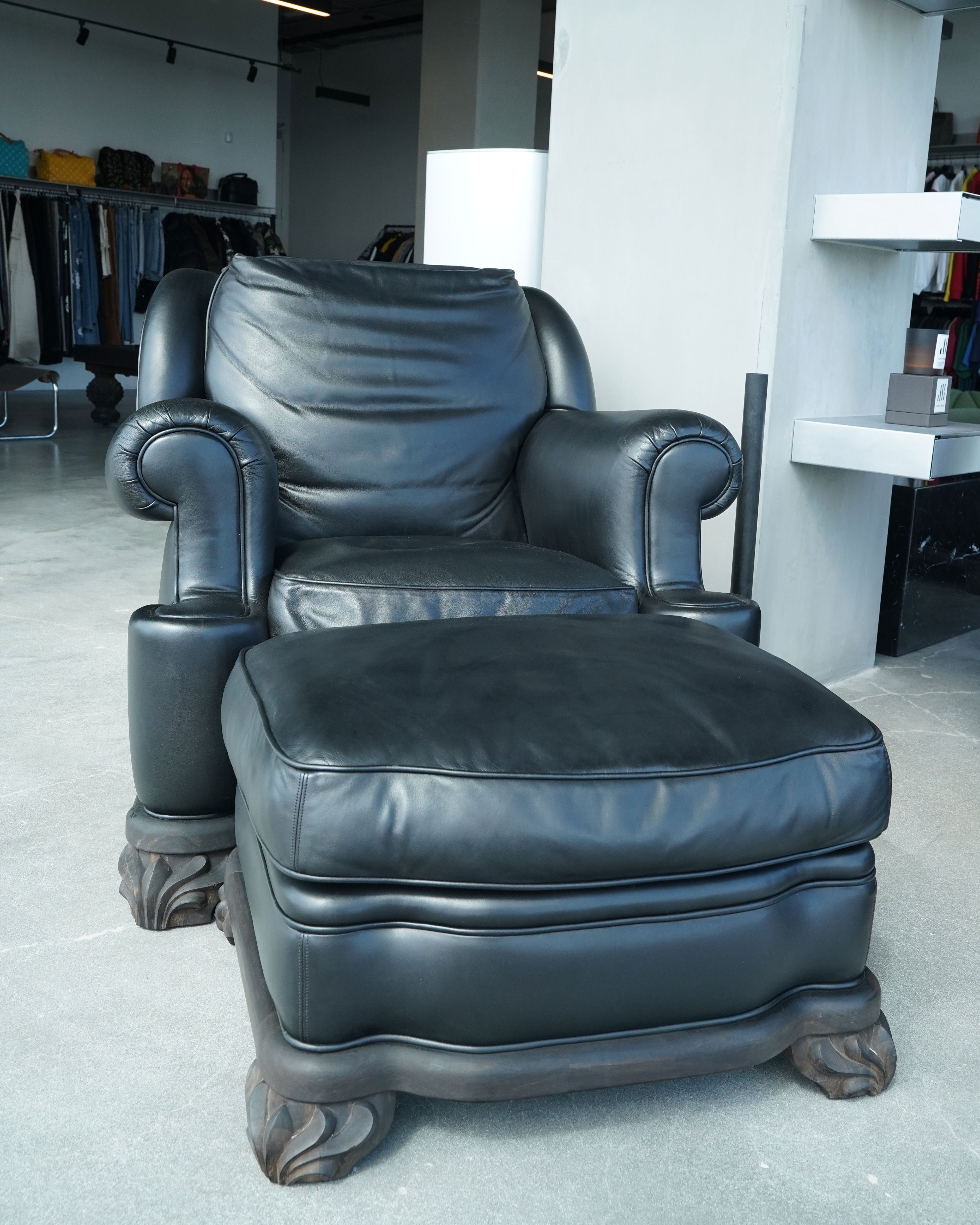 Pair of Leather Fleur De Lis Lounge Chairs & Ottomans Set