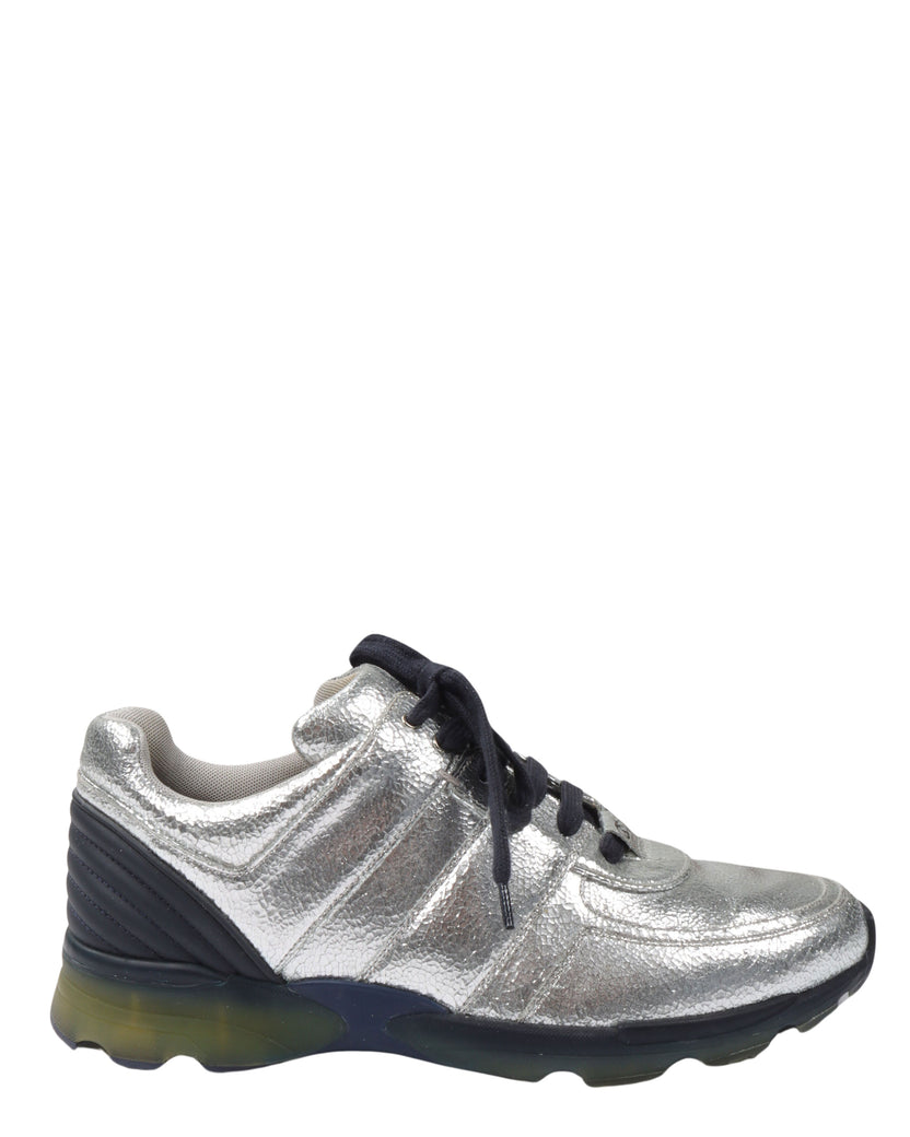 Metallic Silver Cracked Leather Trainer Sneaker