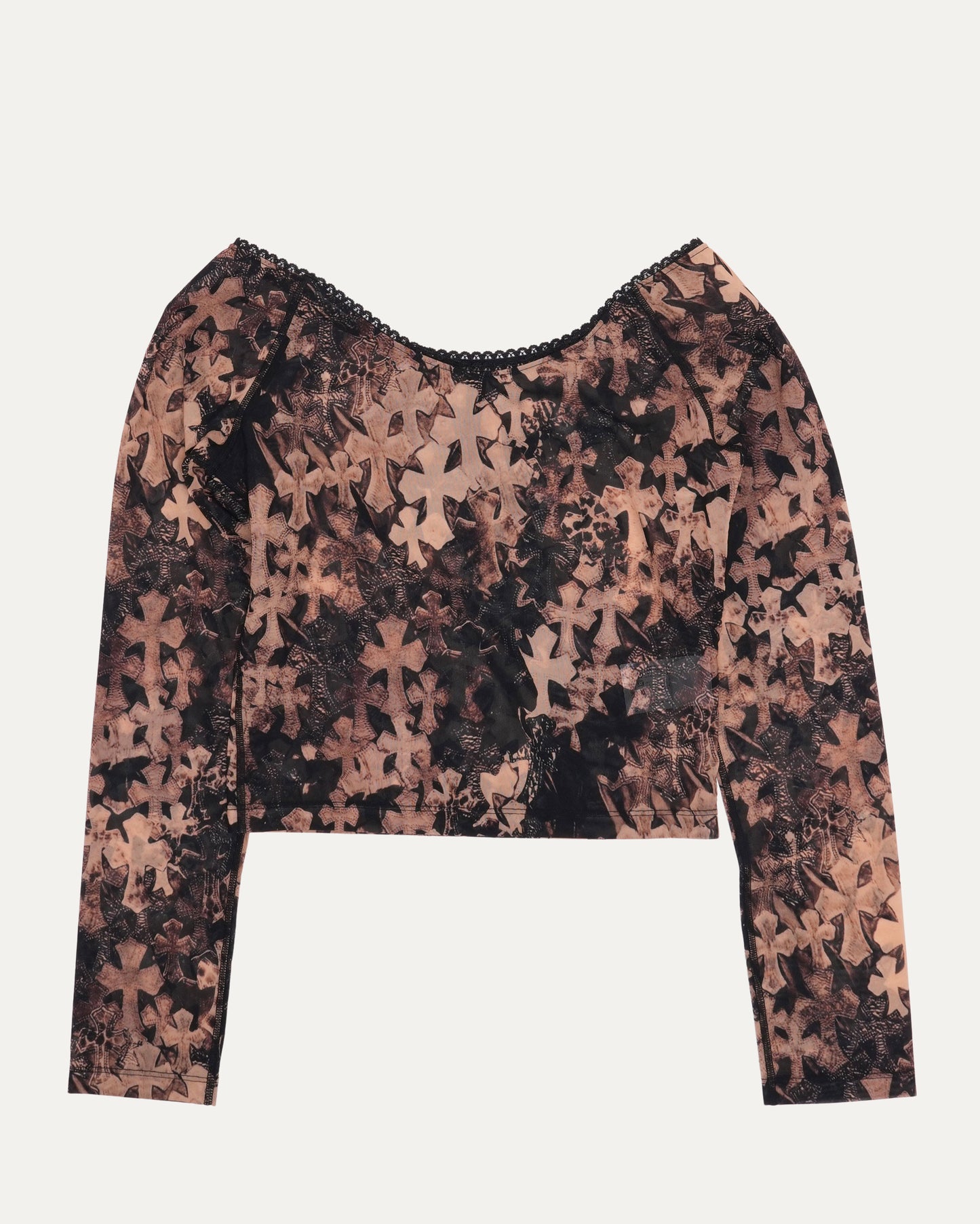 Waterfall Cross Patch Print Mesh Long Sleeve Top