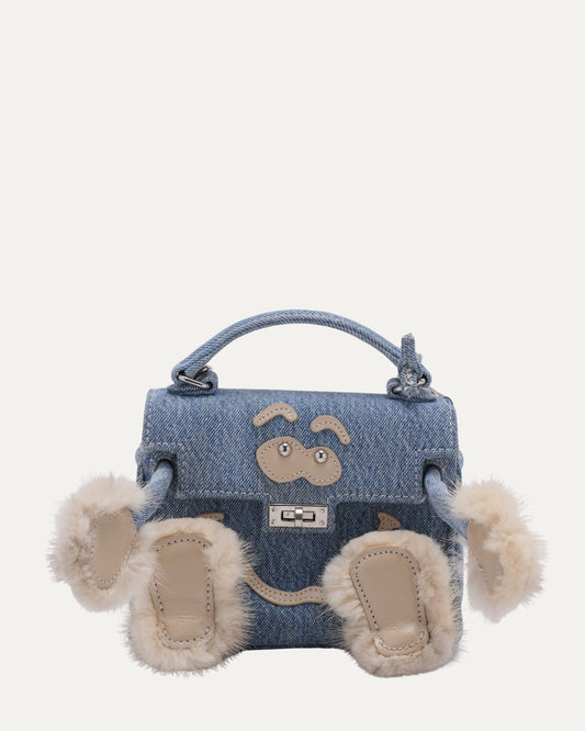 Mink Trimmed Denim Mini Monster Bag