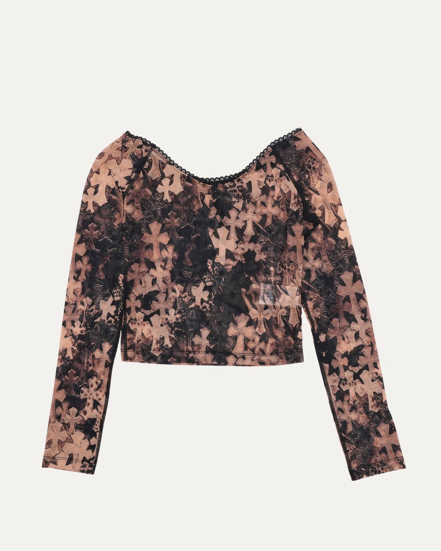 Waterfall Cross Patch Print Mesh Long Sleeve Top