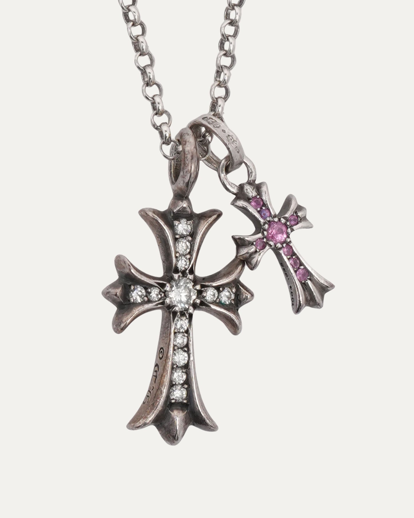 Diamond Tiny Fat Pendant and Pink Sapphire Baby Fat Pendant on Roll Chain Necklace