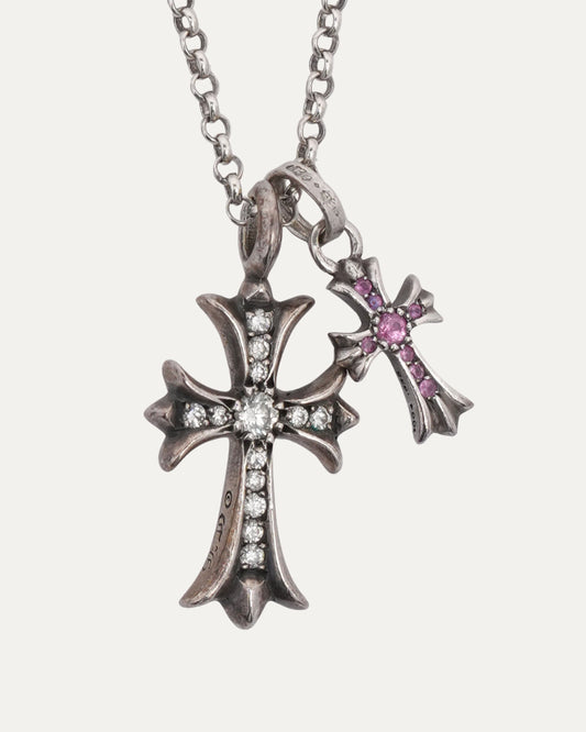 Diamond Tiny Fat Pendant and Pink Sapphire Baby Fat Pendant on Roll Chain Necklace
