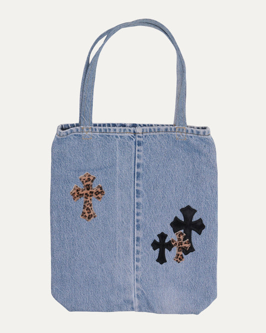 Denim Cross Patch Tote Bag