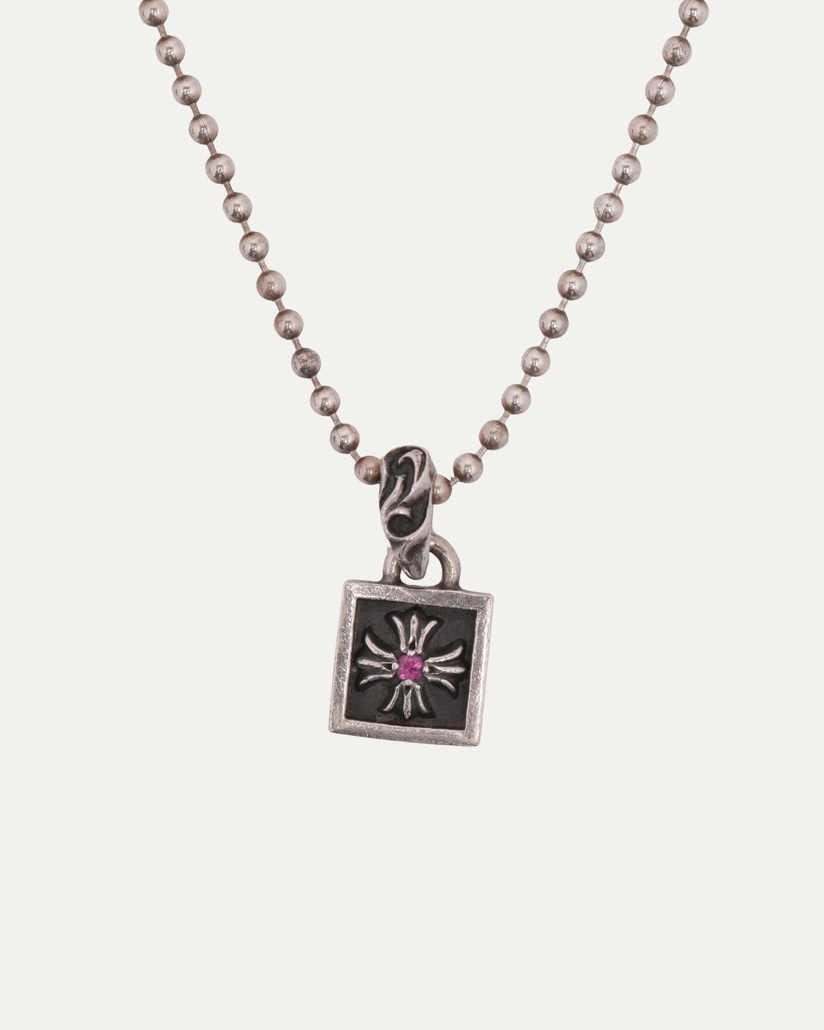 Pink Sapphire Framed Plus Cross Pendant on Ball Chain Necklace