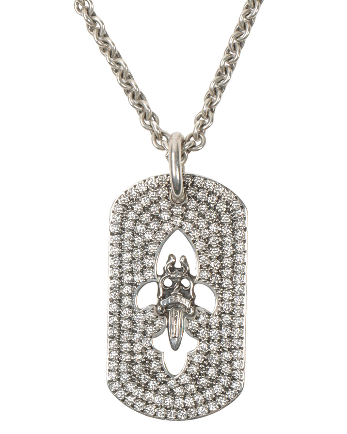 Silver & Diamond Fleur Cross Dog Tag Pendant w/ Chain