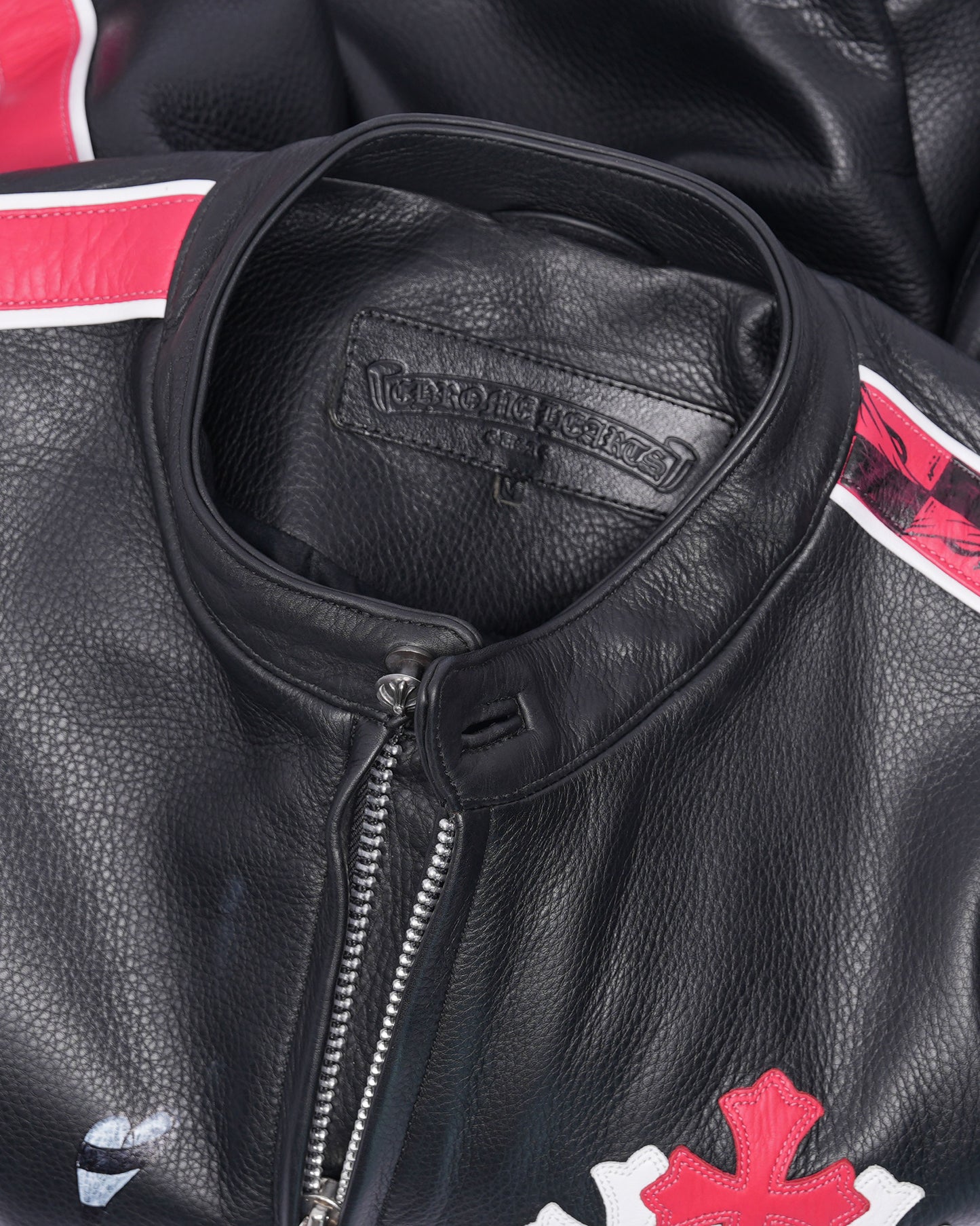 Matty Boy Hand-Painted Cemetery Cross Patch Leather Jacket