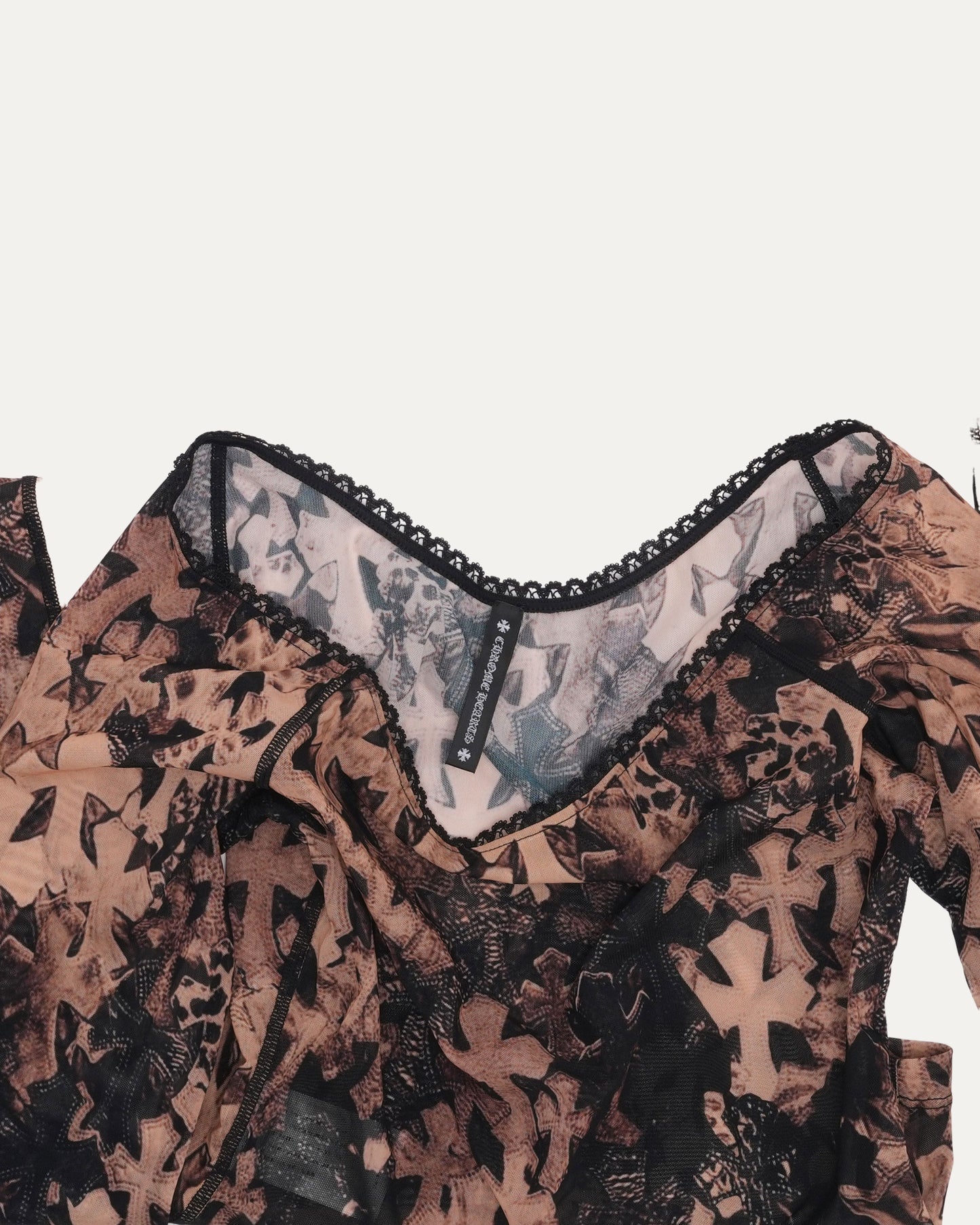 Waterfall Cross Patch Print Mesh Long Sleeve Top