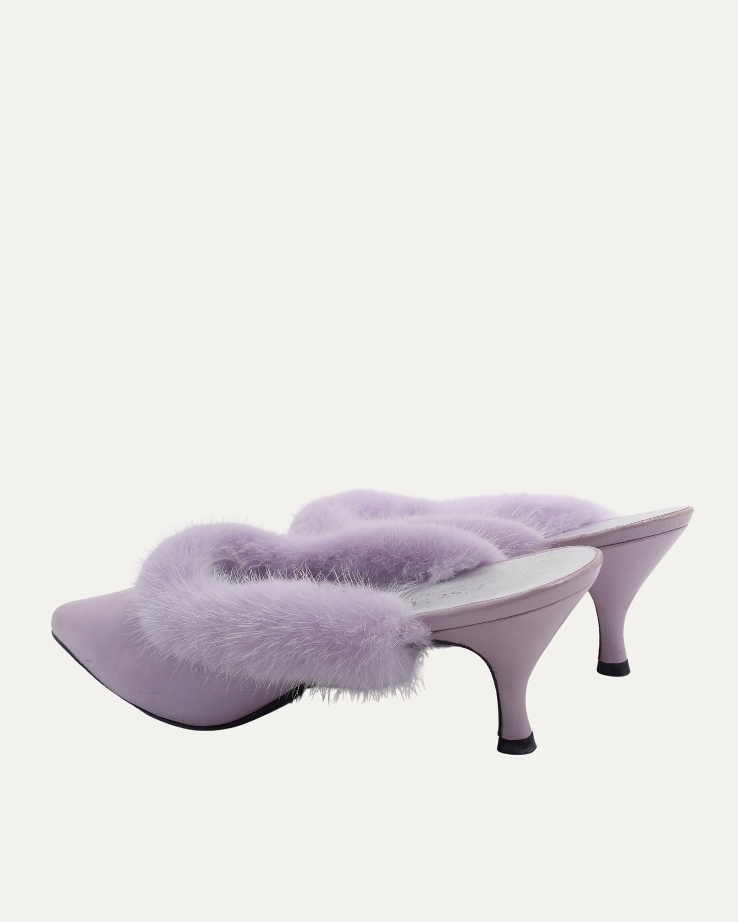 Fur Trimmed Lavender Kitten Heel Mules