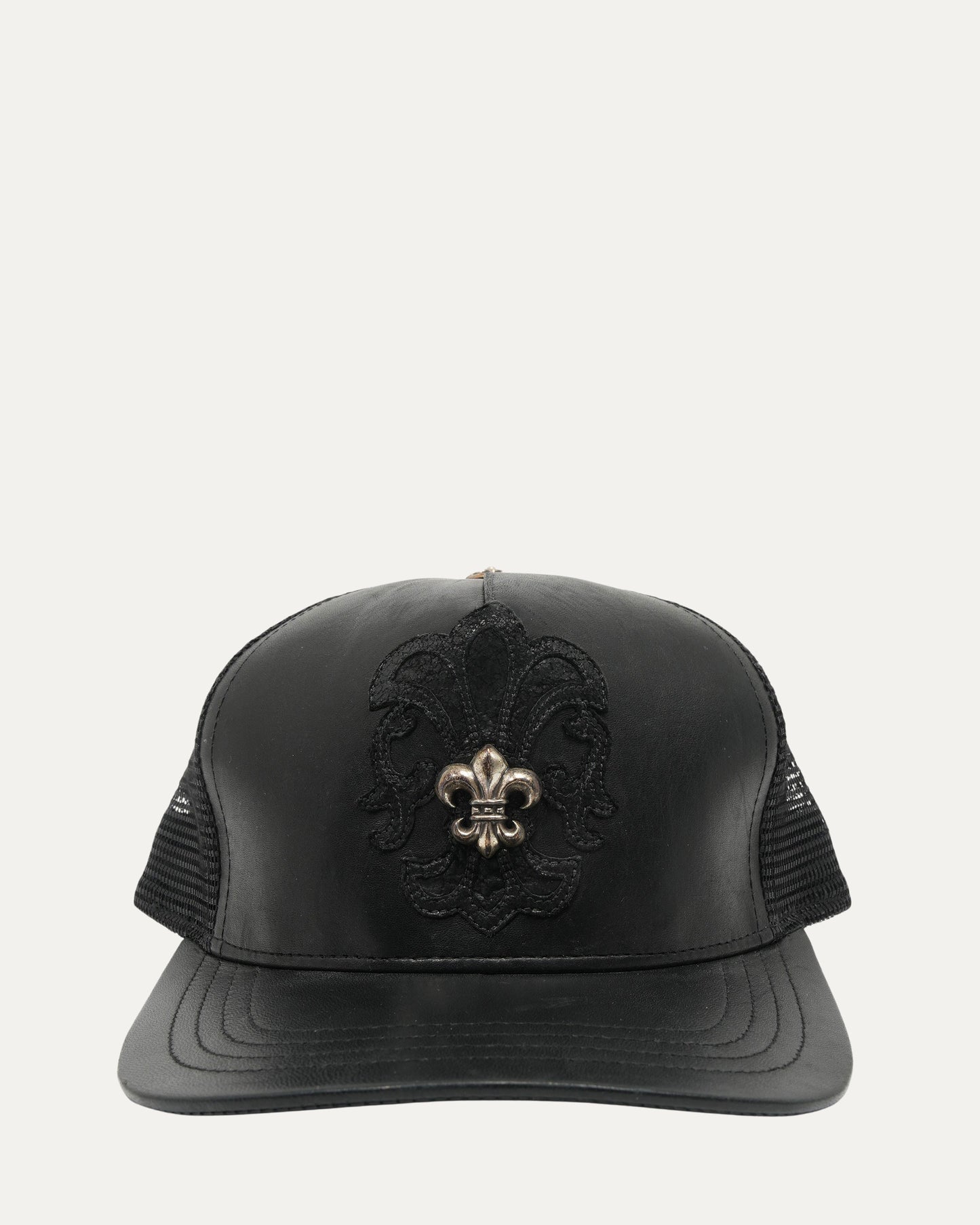 Silver Fleur Embellished Leather Trucker Hat