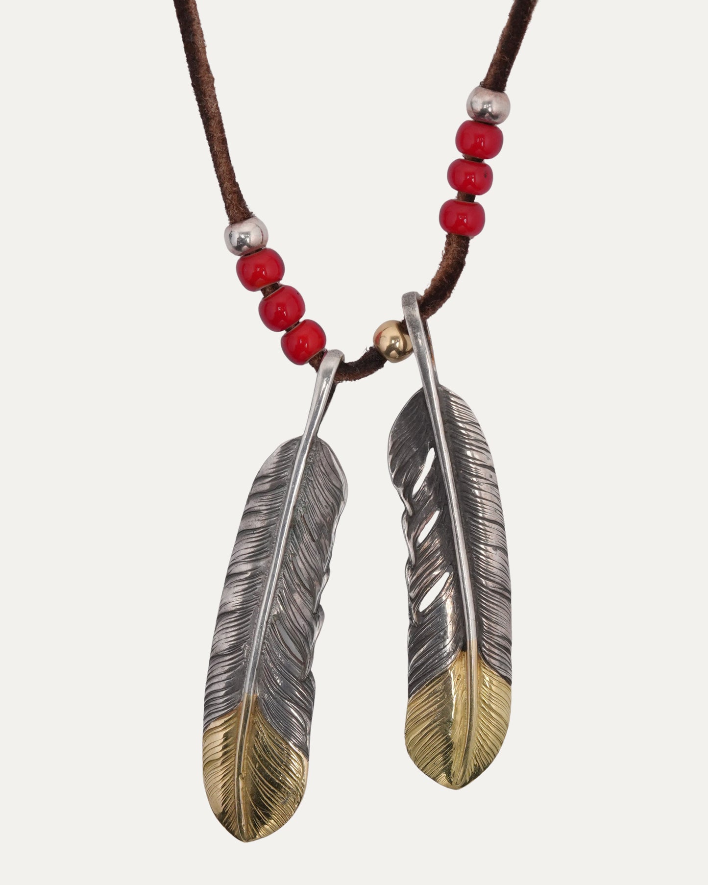 Double Feather Pendant Beaded Leather Necklace