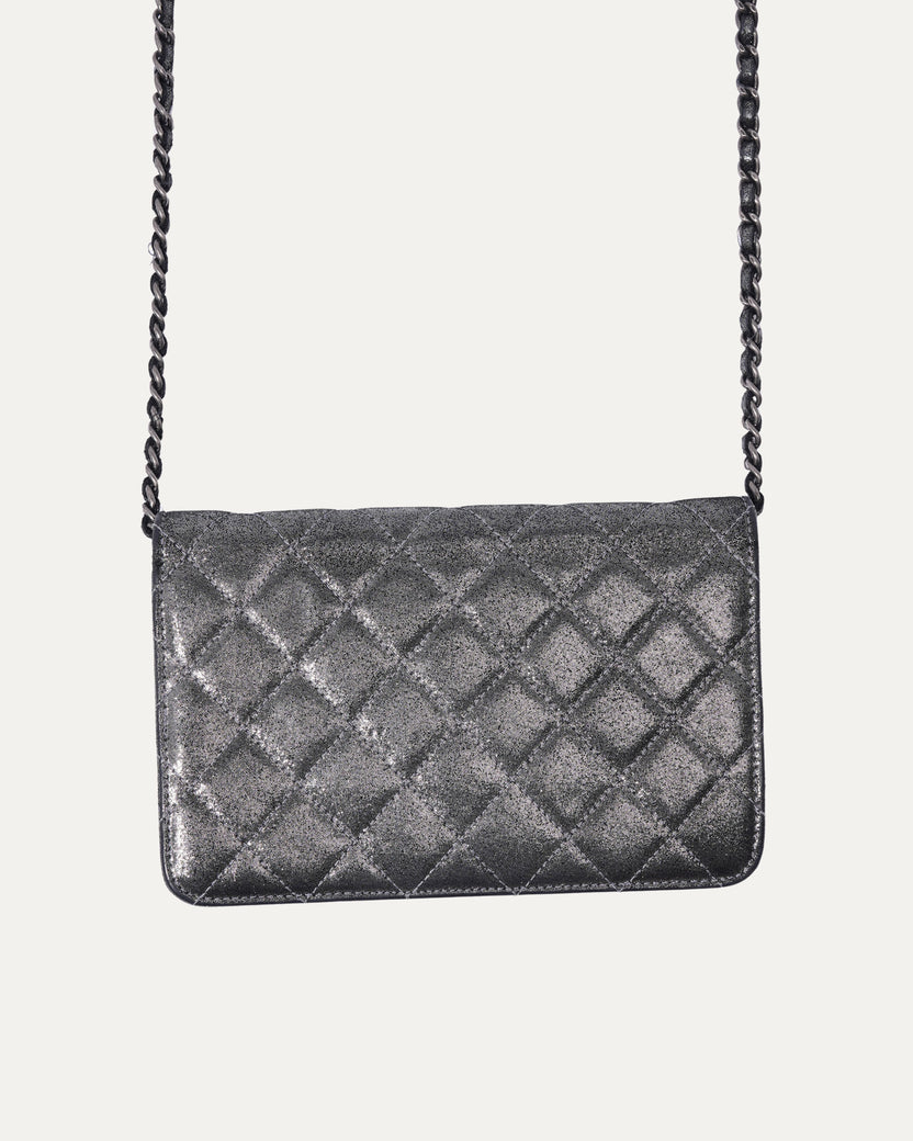 Silver Iridescent Quilted Lambskin Wallet on Chain