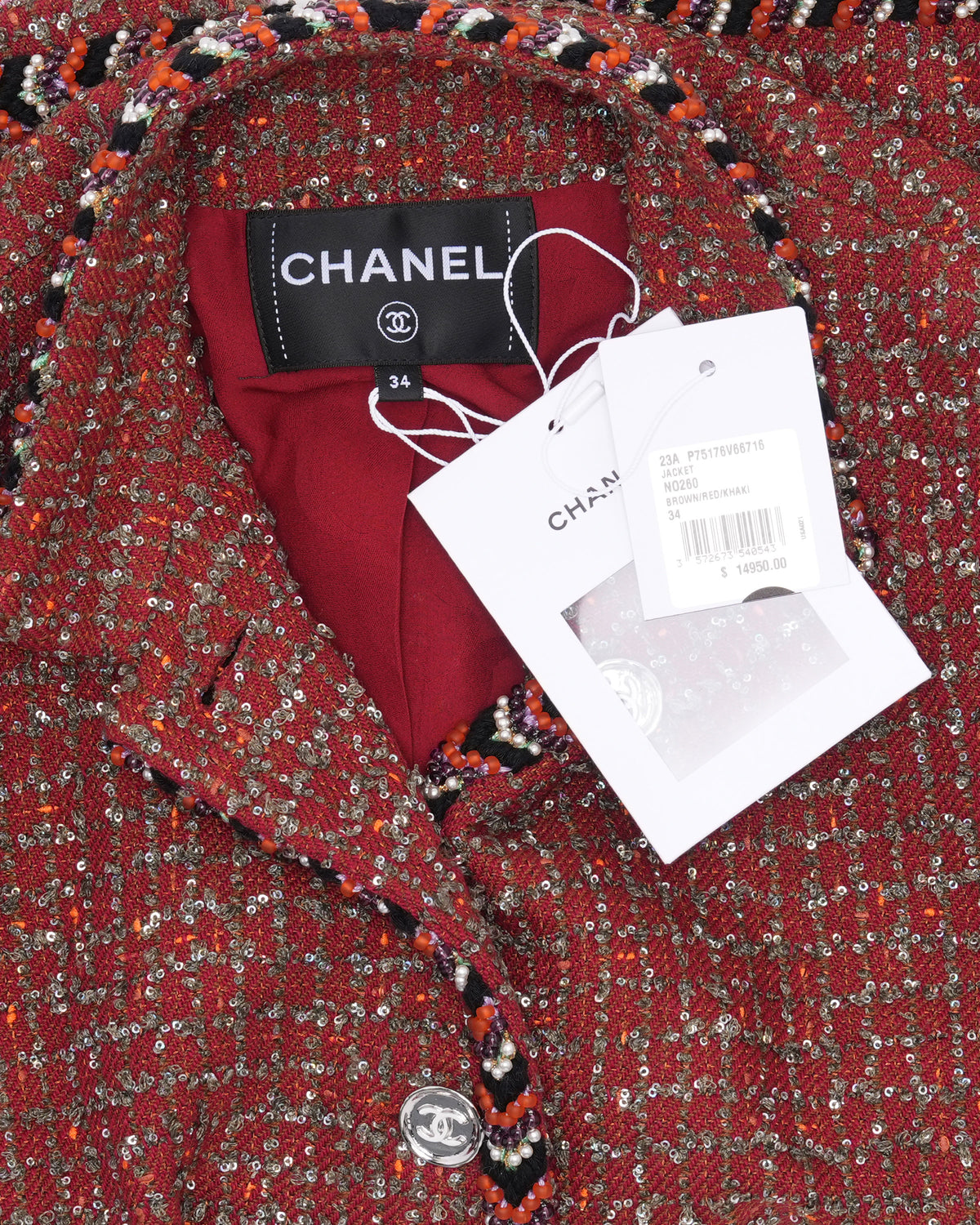 Chevron Bead Trim Sequin Tweed Jacket