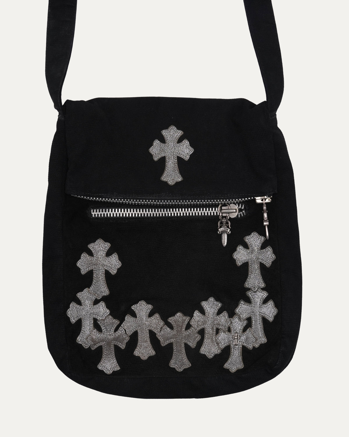 Silver Embellished Cross Patch Leather Messenger Bag
