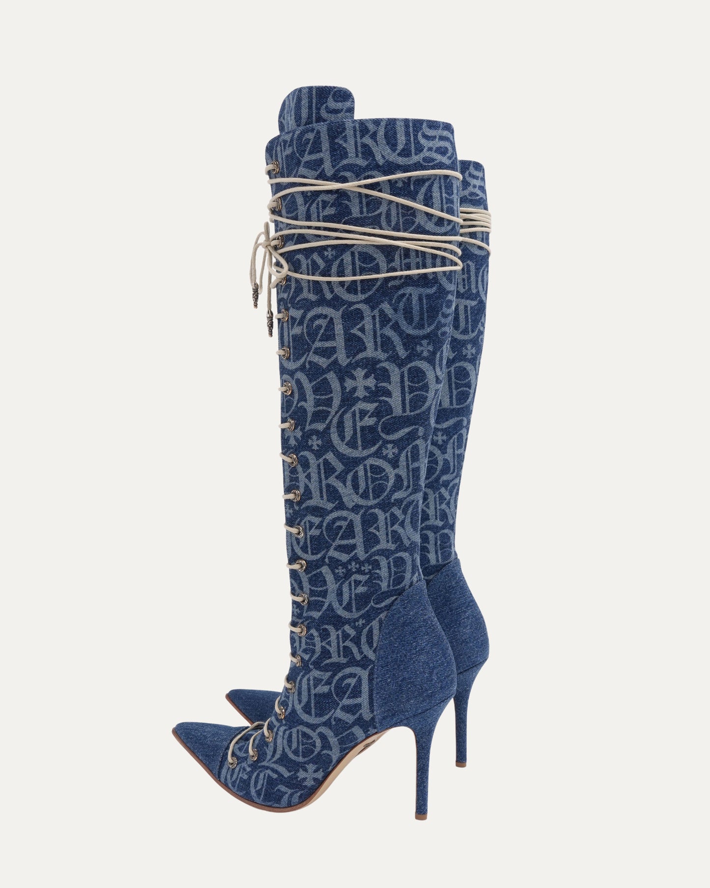 Denim Monogram Lace Up Knee Boots
