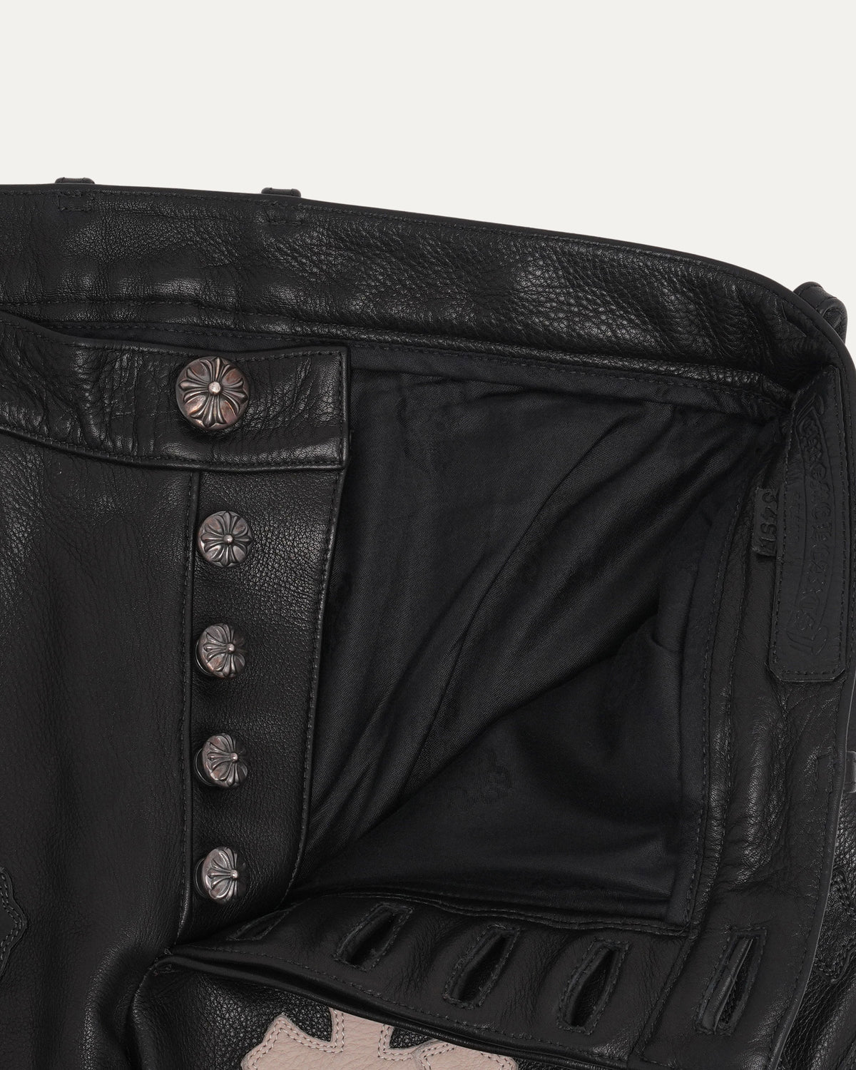 Leather Cross Patch Buckle Back Fleur Knee Flared Pants