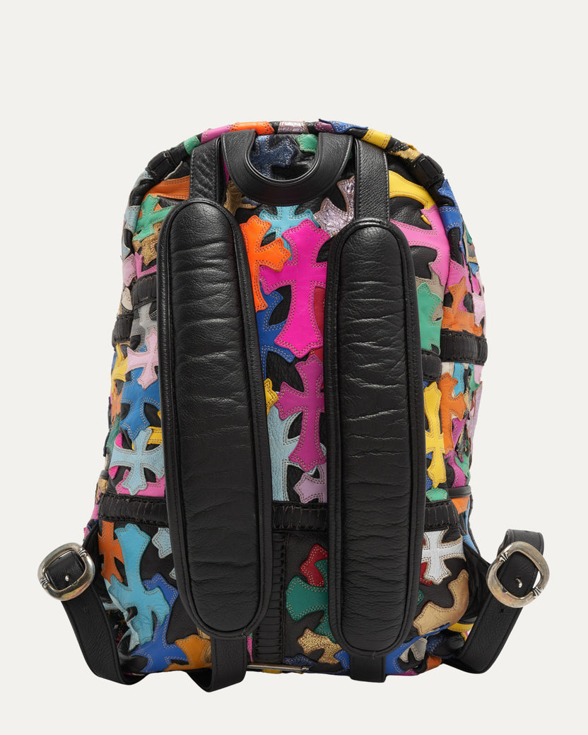 Multicolor Cross Patch Backpack with Filigree Cross Embellishment