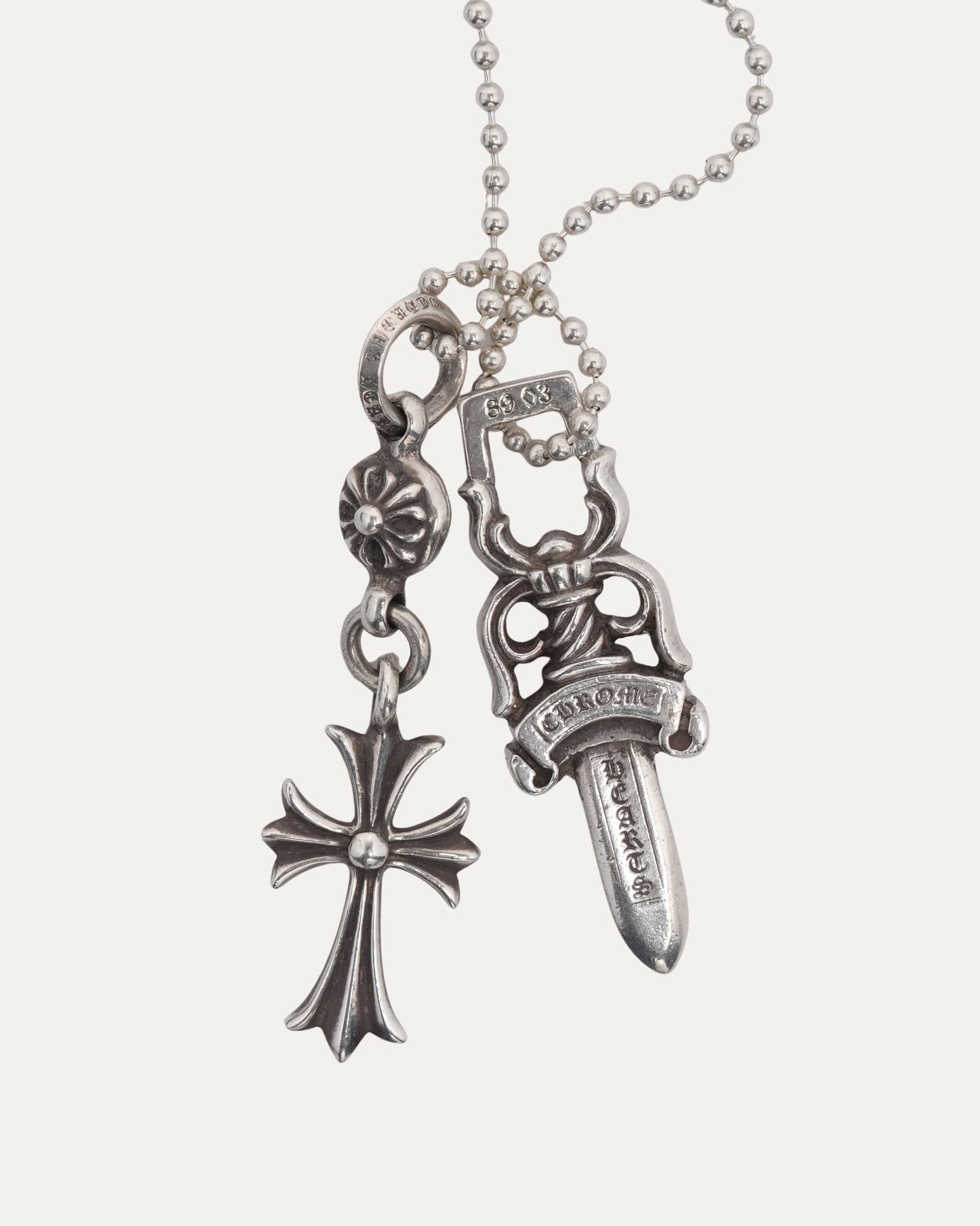 Diamond Dagger Pendant and Diamond Cross on Ball Chain Necklace