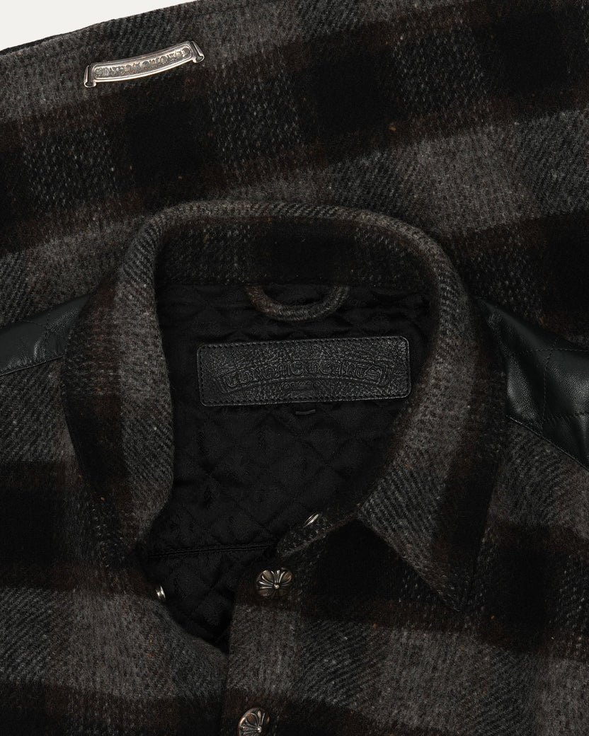 Plaid Quilted Shirt Jacket with Leather Detail