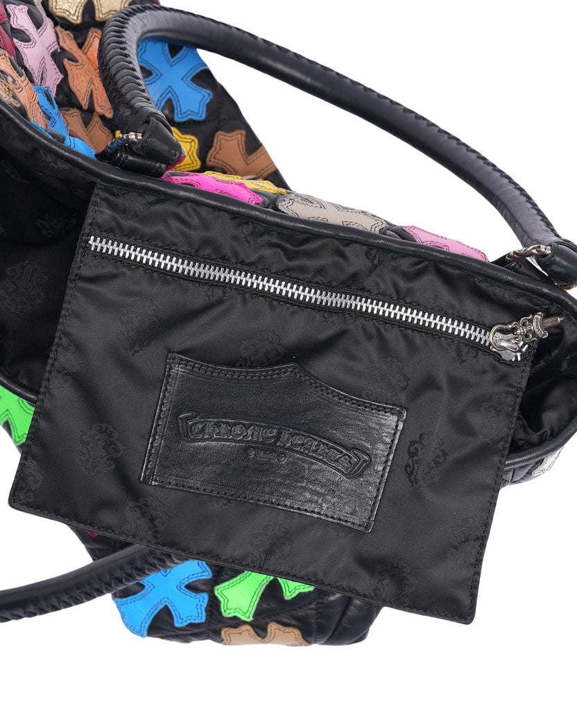 Quilted Leather Multicolor Cross Patch Tote Bag