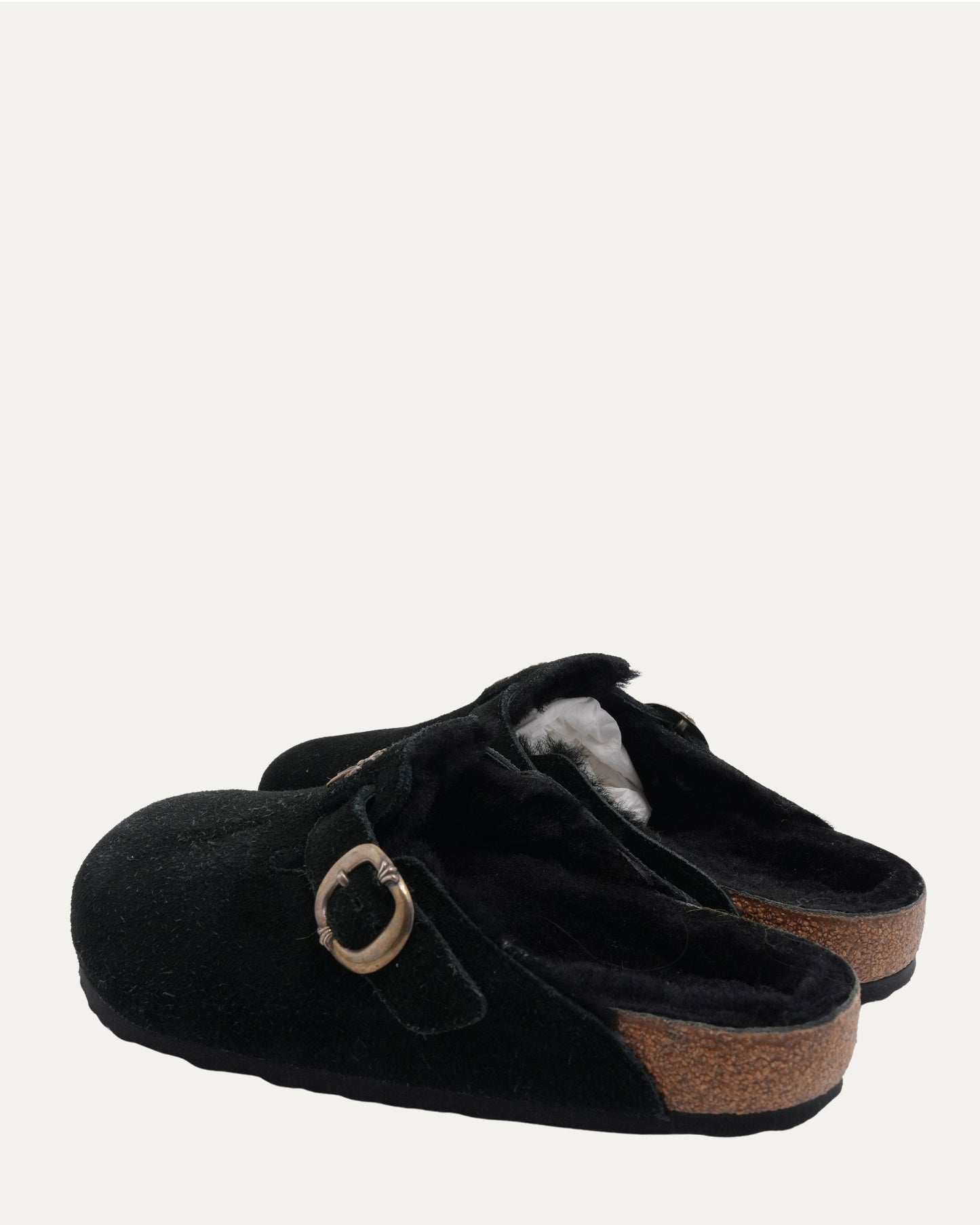 Cross Embellished Birkenstock Boston Shearling Lined Suede Mule