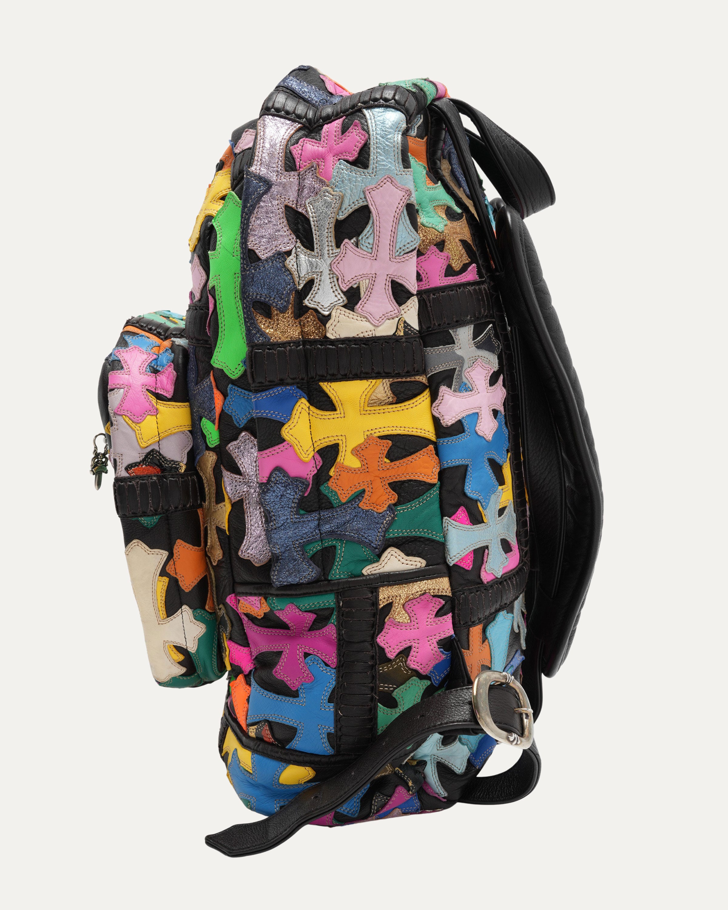 Multicolor Cross Patch Backpack with Filigree Cross Embellishment