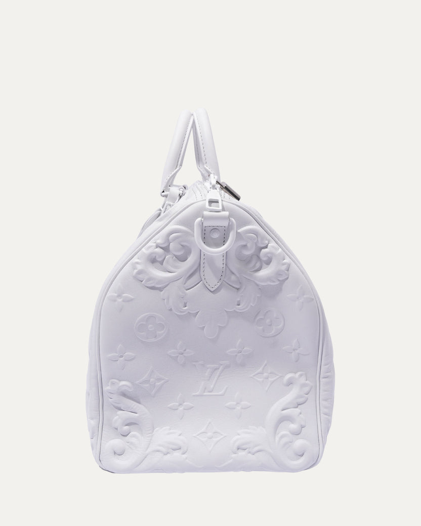 Optic White Embossed Monogram Keepall 50