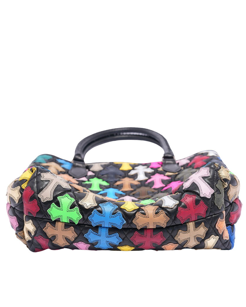 Quilted Leather Multicolor Cross Patch Tote Bag